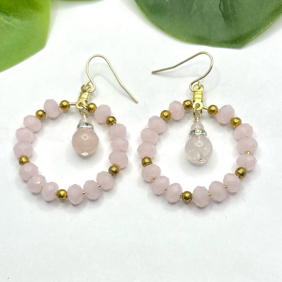 Rose Quartz & Crystal Beaded Hoop Earrings - Picture 1 of 5